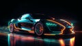 Modern beautiful fast race car sports car is driving fast with neon rays road. AI generated