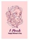 Modern beautiful girl with cotton flowers. Postcard for woman, mother, sister on March 8. Nice vector illustration of a portrait