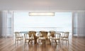 Modern beautiful interior design of dining room and wood chairs and sea view Royalty Free Stock Photo