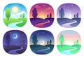 Modern beautiful landscape with gradients. Sunrise, dawn, morning, day, noon, sunset, dusk and night icon. Sun time