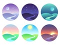 Modern beautiful landscape with gradients. Sunrise, dawn, morning, day, noon, sunset, dusk and night icon. Sun time vector icons Royalty Free Stock Photo