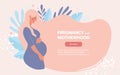 Modern beautiful pregnancy and maternity banner. Pregnant woman on a pink background, side view, copyspace for text Royalty Free Stock Photo