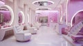 Modern beauty salon interior, luxury cosmetic store with led light and pink design. Bright nail service shop, trendy manicure