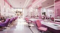 Modern beauty salon interior, luxury empty cosmetic store. Bright clean nail service shop, trendy pink manicure studio design.