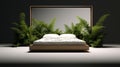 Modern Bed Frame Mockup With Ferns On Reflectant Floor