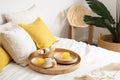 modern bed wood design home rattan furniture palm table interior tray. Generative AI.