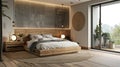 a modern bedroom ambiance, characterized by oak and white furniture, and unadorned walls