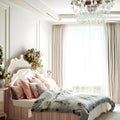 Modern bedroom with beautiful furniture, comfortable bed,pillow and chandelier ai generated Royalty Free Stock Photo