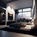 Modern bedroom with bed, painting and large window, created using generative ai technology