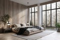 modern bedroom with big french windows, feng shui, 3d rendering