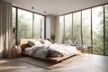 modern bedroom with big french windows, feng shui, 3d rendering