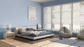Modern bedroom in blue pastel tones, big panoramic window, double bed with carpet and pouf, herringbone parquet floor, minimal Royalty Free Stock Photo