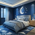 Modern bedroom with blue wall decor and moon and sun artwork creating a relaxing ambiance Royalty Free Stock Photo