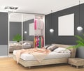 Modern bedroom with dark walls, large closet with mirrored doors and large bed, empty canvas on the wall