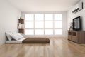 Modern bedroom decoration in parquet wood design with light from window in 3D rendering