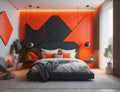 modern bedroom design with orange and red colors and equipped with glass walls, generative ai Royalty Free Stock Photo