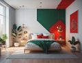 modern bedroom design with red and green colors and equipped with glass walls Royalty Free Stock Photo