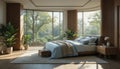 Modern Bedroom with Forest View and Natural Light Royalty Free Stock Photo