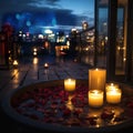 modern bedroom hot tub on patio suite big windows view on at blue night city Royalty Free Stock Photo