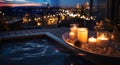 modern bedroom hot tub on patio suite big windows view on at blue night city Royalty Free Stock Photo