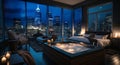 modern bedroom hot tub on patio suite big windows view on at blue night city Royalty Free Stock Photo