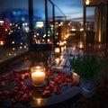 modern hotel bedroom hot tub on patio suite big windows view on at blue night city Royalty Free Stock Photo