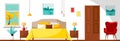 Modern Bedroom interior with a bed, nightstands, lamps, wardrobe, red soft armchair and window with trees landscape. Flat cartoon Royalty Free Stock Photo