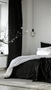 Modern bedroom interior with black and white decor, minimalistic design concept Royalty Free Stock Photo