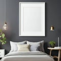 Modern bedroom interior with blank frame on wall, bed with pillows, hanging lights, and plant. Stylish home decor Royalty Free Stock Photo