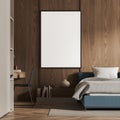 bedroom interior with a blank poster frame above a bed, wooden walls, and elegant decor. 3D Rendering