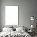 Modern bedroom interior with blank white poster frame, comfortable bed, bedside table, and elegant floor lamp. Minimalist design Royalty Free Stock Photo