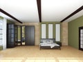 Modern Bedroom Interior Concept. Light Parquet Floor and a Brown Wooden Bed