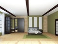 Modern Bedroom Interior Concept. Light Parquet Floor and a Green Carpet