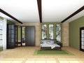 Modern Bedroom Interior Concept. Light Parquet Floor and a Green Carpet