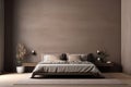 Modern bedroom interior with a cozy double bed, elegant bedside lamps, and a tranquil, neutral color palette. Copy space