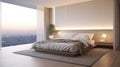 Modern bedroom interior design. 3D render. Evening city view. Generative AI Royalty Free Stock Photo