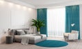 Modern bedroom interior design with blue curtains and blue carpet 3d Render Royalty Free Stock Photo