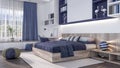 Modern bedroom interior design with blue elements 3d Render Royalty Free Stock Photo