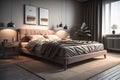 Modern bedroom interior design with gray walls, wooden floor, comfortable king size bed with two pillows. ai generative Royalty Free Stock Photo