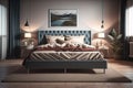 Modern bedroom interior design with gray walls, wooden floor, comfortable king size bed with two pillows. ai generative
