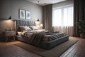 Modern bedroom interior design with gray walls, wooden floor, comfortable king size bed with two pillows. ai generative Royalty Free Stock Photo