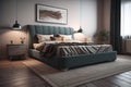 Modern bedroom interior design with gray walls, wooden floor, comfortable king size bed with two pillows. ai generative Royalty Free Stock Photo