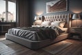 Modern bedroom interior design with gray walls, wooden floor, comfortable king size bed with two pillows. ai generative Royalty Free Stock Photo