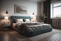 Modern bedroom interior design with gray walls, wooden floor, comfortable king size bed with two pillows. ai generative Royalty Free Stock Photo