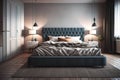 Modern bedroom interior design with gray walls, wooden floor, comfortable king size bed with two pillows. ai generative Royalty Free Stock Photo