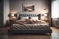 Modern bedroom interior design with gray walls, wooden floor, comfortable king size bed with two pillows. ai generative Royalty Free Stock Photo