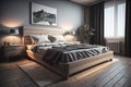 Modern bedroom interior design with gray walls, wooden floor, comfortable king size bed with two pillows. ai generative Royalty Free Stock Photo