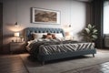 Modern bedroom interior design with gray walls, wooden floor, comfortable king size bed with two pillows. ai generative Royalty Free Stock Photo