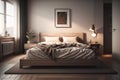 Modern bedroom interior design with gray walls, wooden floor, comfortable king size bed with two pillows. ai generative Royalty Free Stock Photo