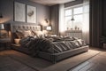 Modern bedroom interior design with gray walls, wooden floor, comfortable king size bed with two pillows. ai generative Royalty Free Stock Photo